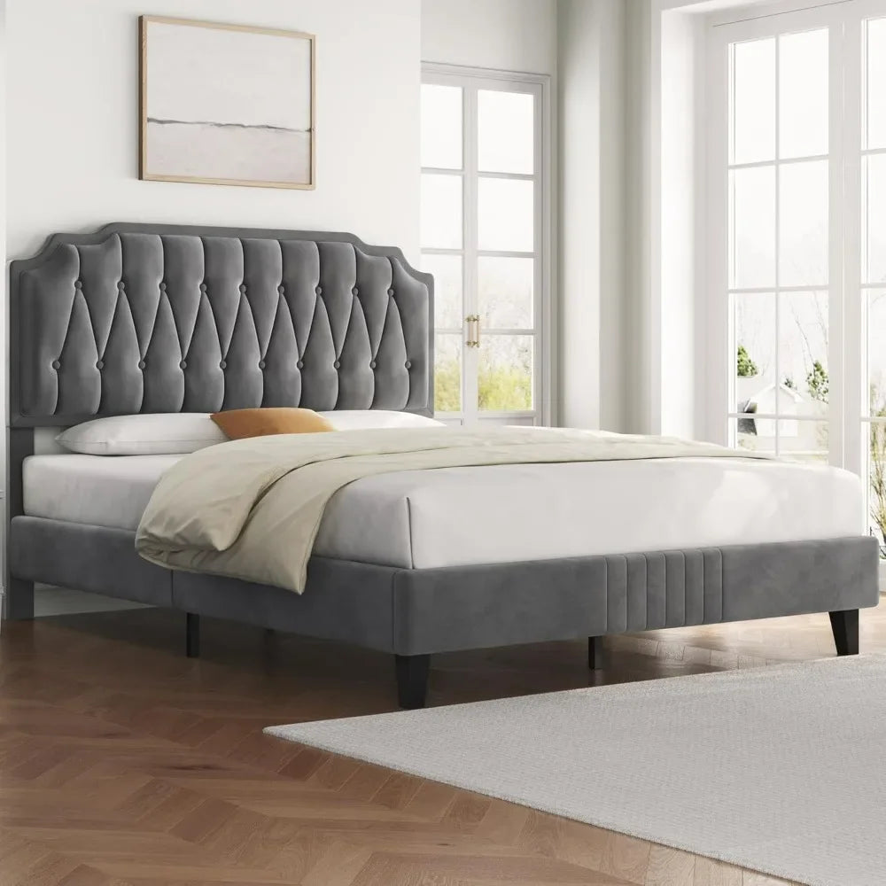 Velvet Upholstered Platform Bed with Curved Height-Adjustable Headboard