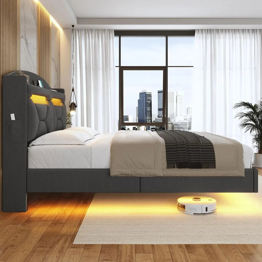 Floating Bedframe with extra Storage and Charging Station