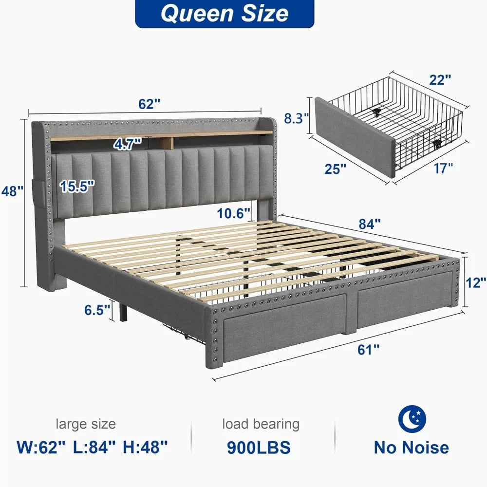Cushion upholstered Bed Frame with 2 Drawer Storage