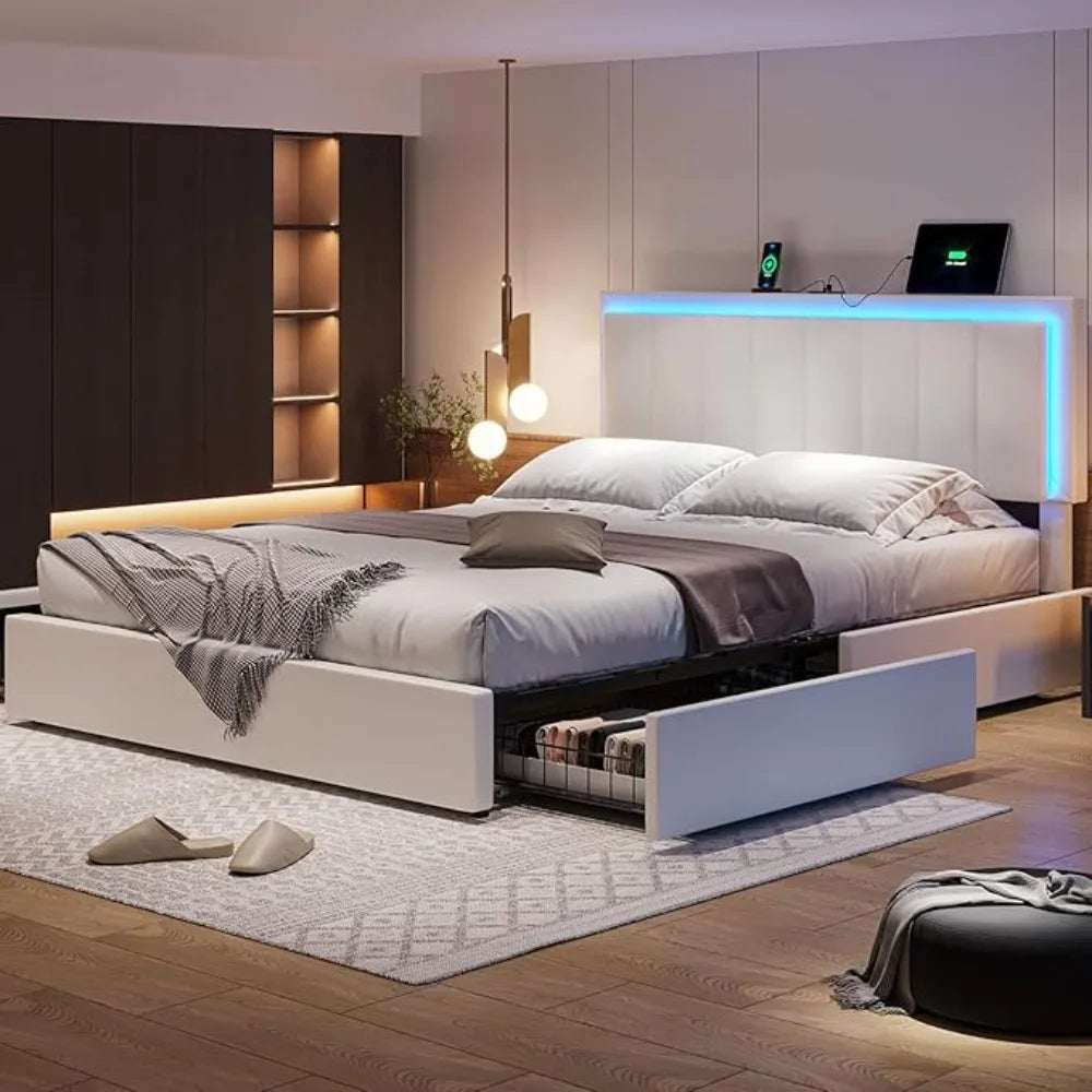 Leather Upholstered Bed Frame with 4 Storage Drawers LED Platform Bed and Charging Station