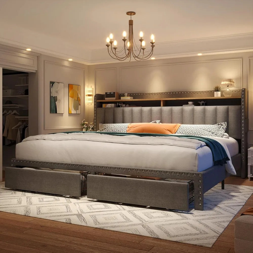Cushion upholstered Bed Frame with 2 Drawer Storage