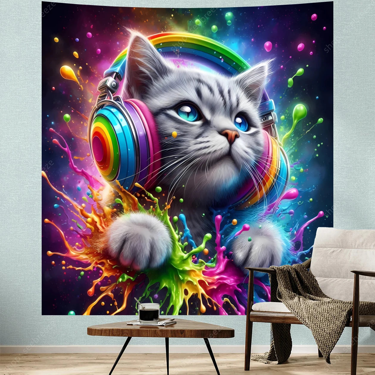 Psychedelic Cute Cat UV Reactive tapestry
