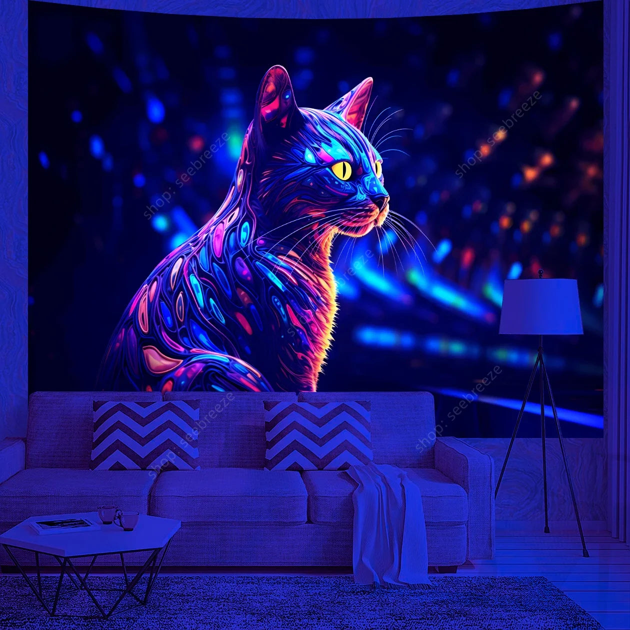 Psychedelic Cute Cat UV Reactive tapestry