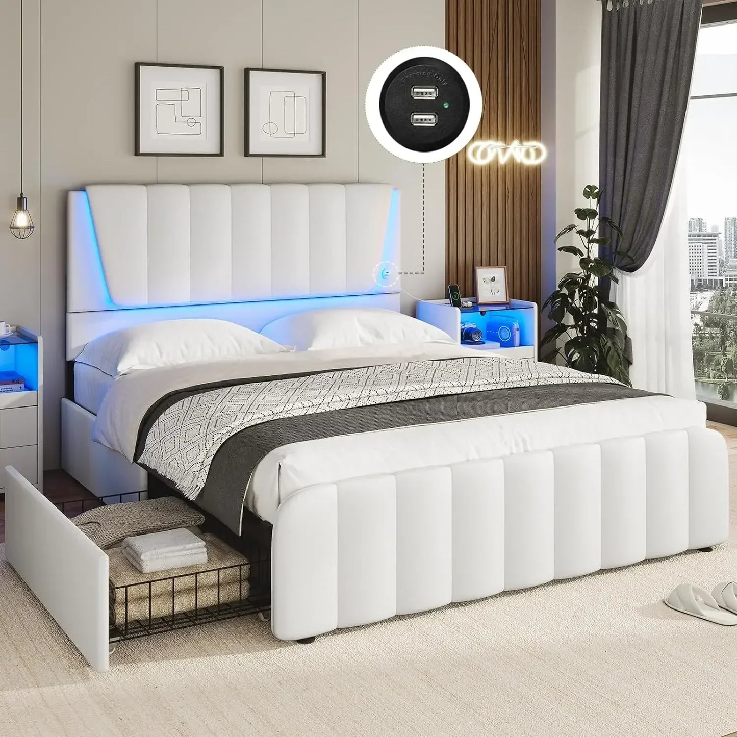 Bed Frame with 4 Storage Drawers, Led Lights & 2 USB Ports