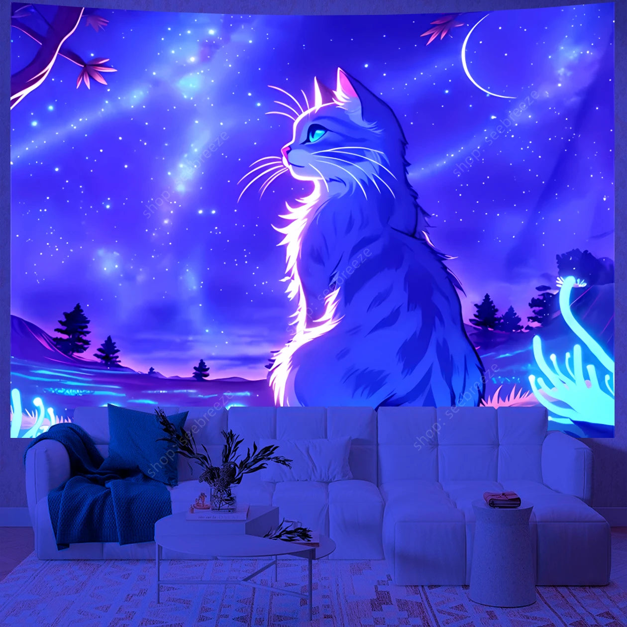 Psychedelic Cute Cat UV Reactive tapestry