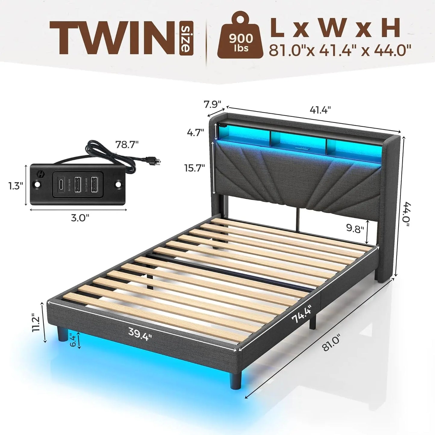 Bedframe with Storage Headboard and Upholstered with Heavy Duty Wood Slats