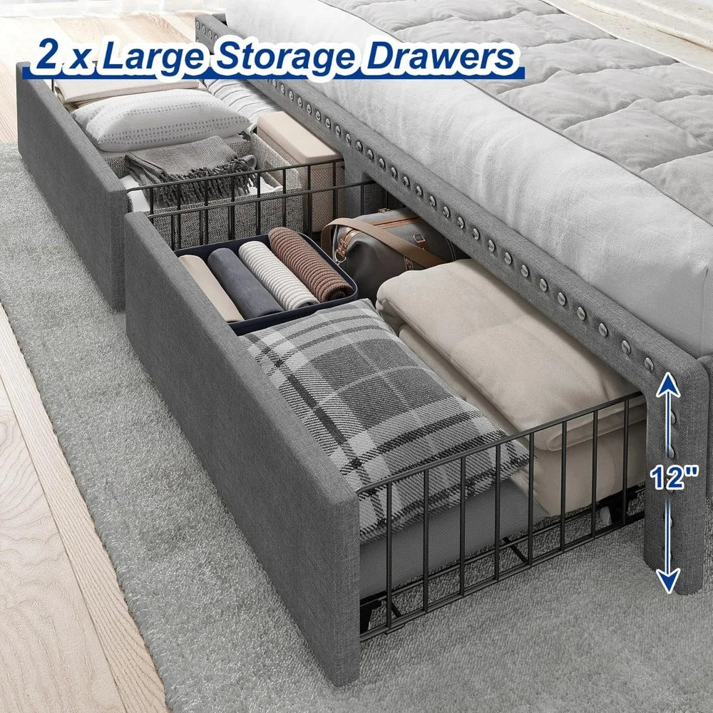 Cushion upholstered Bed Frame with 2 Drawer Storage