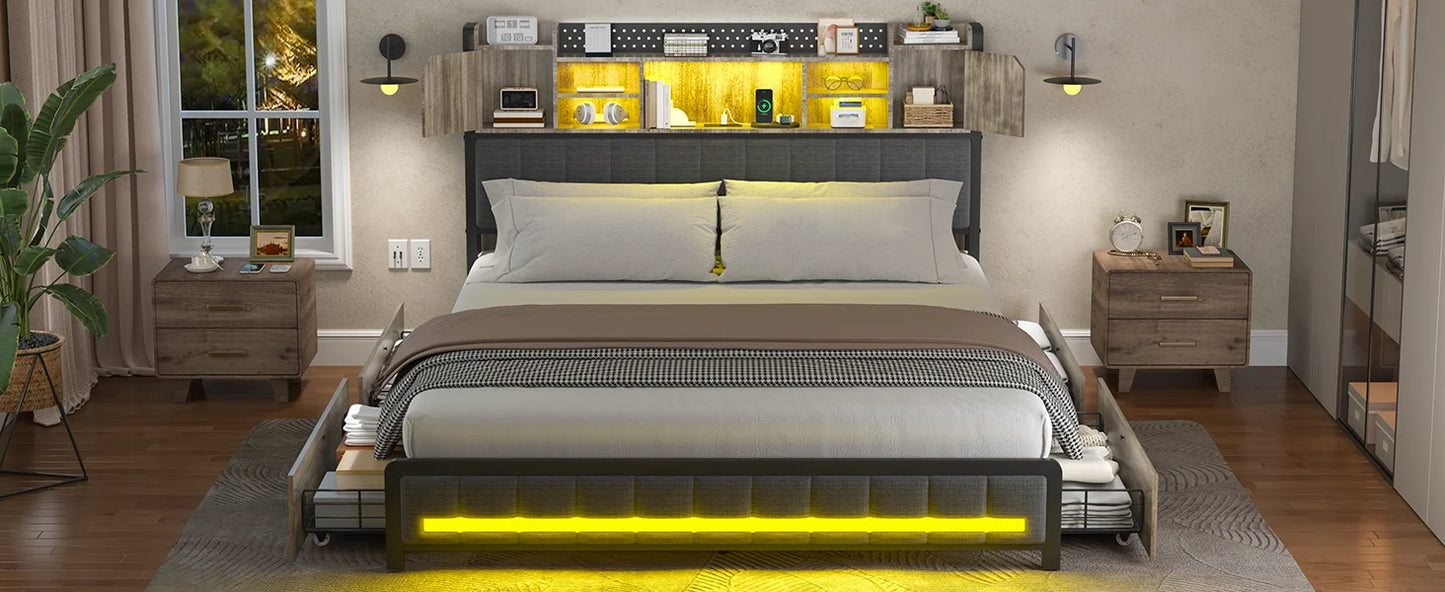 Bed Frame, with 4 Storage Drawers and Bookcase Headboard