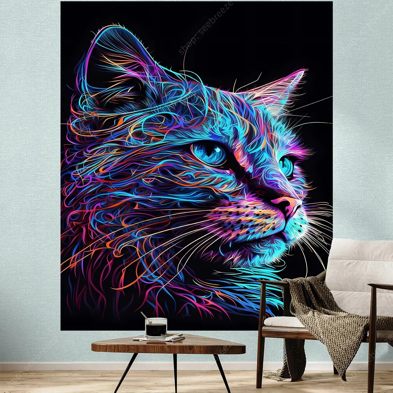 Psychedelic Cute Cat UV Reactive tapestry