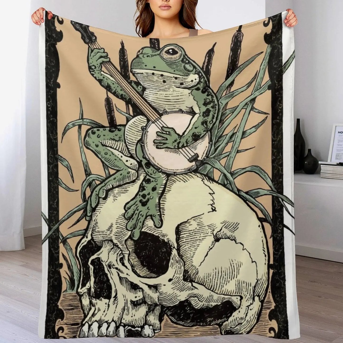Victorian Frog Playing Banjo Throw Blanket