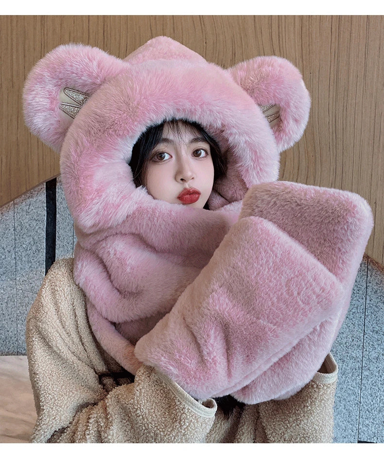 Super Thick Warm Plushie Bear Hooded Scarf