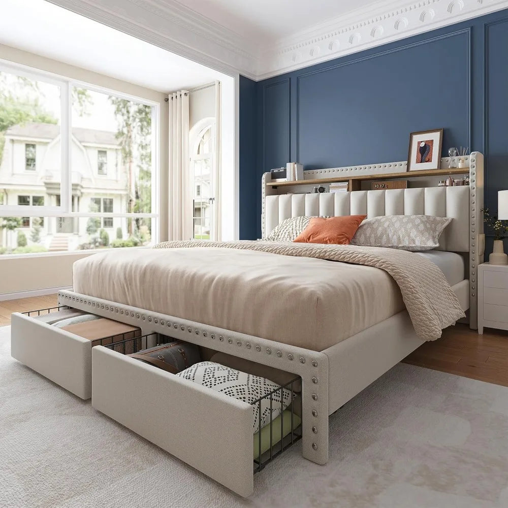 Cushion upholstered Bed Frame with 2 Drawer Storage