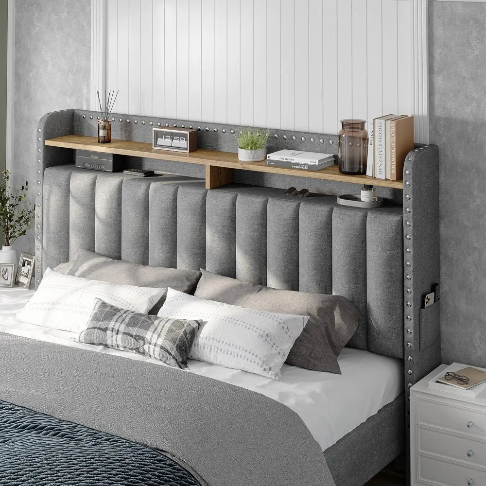 Cushion upholstered Bed Frame with 2 Drawer Storage