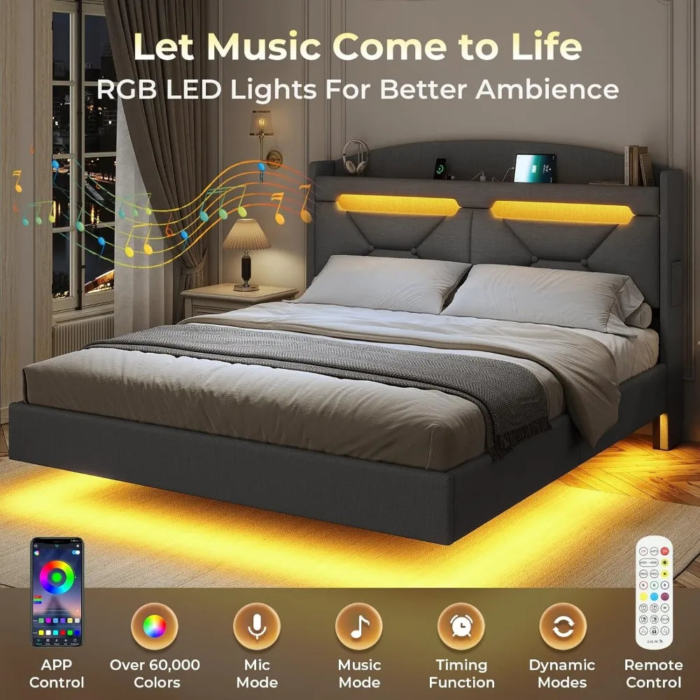 Floating Bedframe with extra Storage and Charging Station
