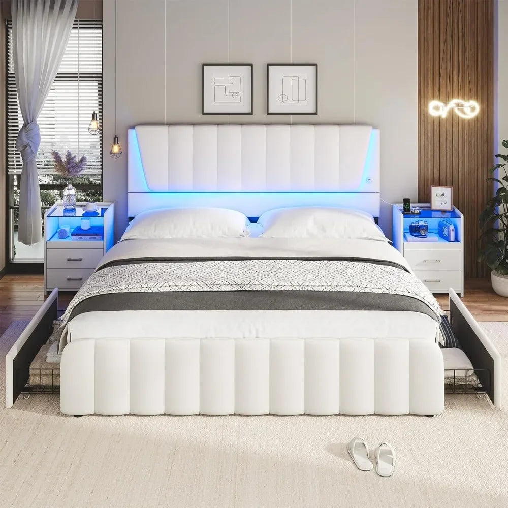 Bed Frame with 4 Storage Drawers, Led Lights & 2 USB Ports