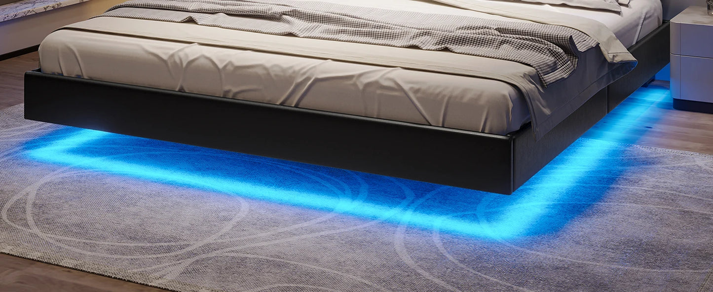Floating LED bedframe with Storage and Charging Station