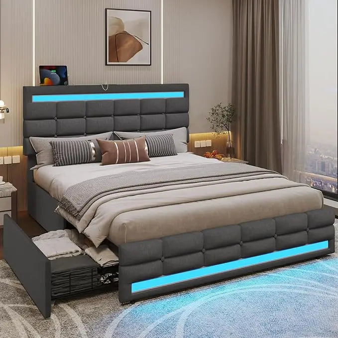 Bed Frame with Drawers & LED Lights Headboard Footboard