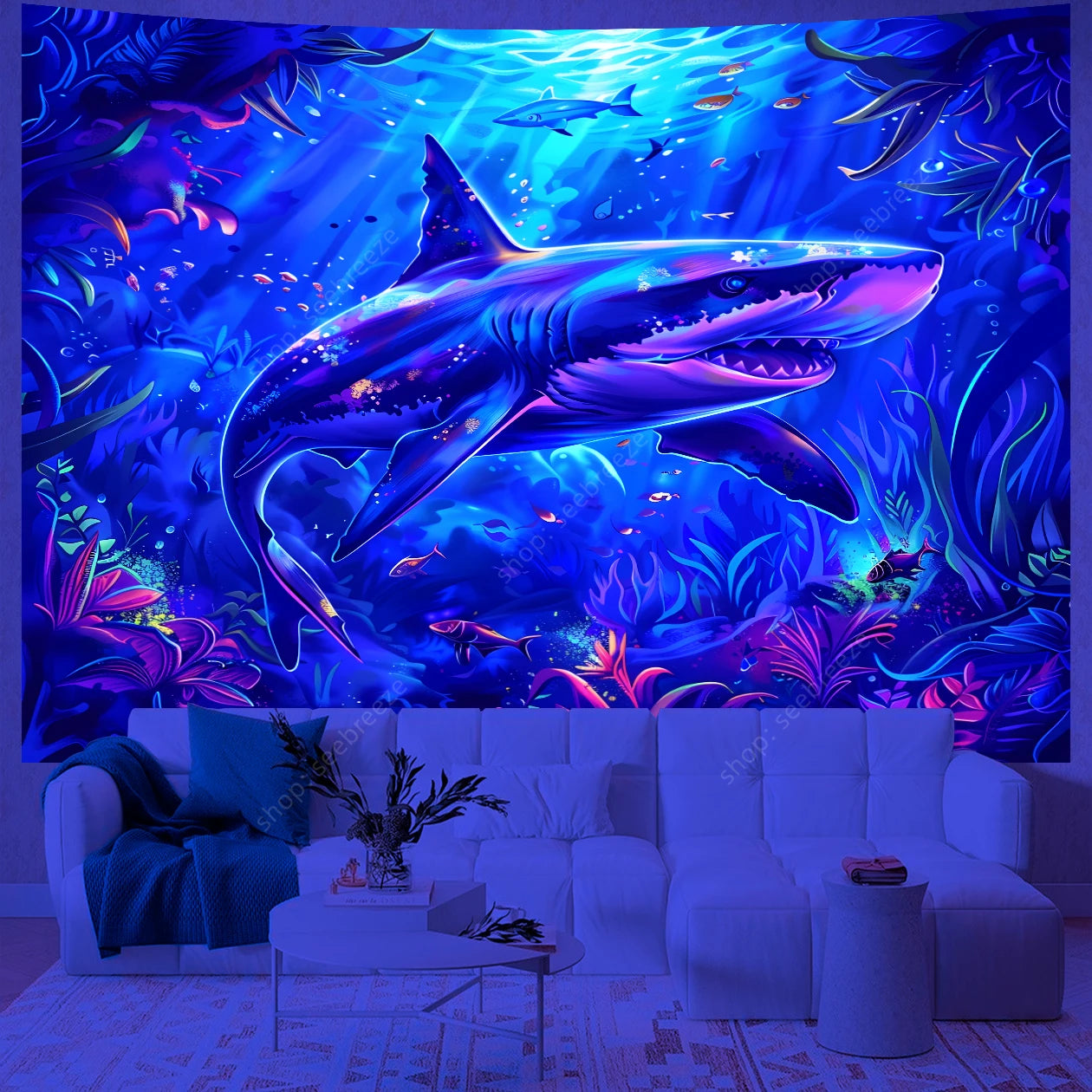 Psychedelic Shark UV Reactive tapestry