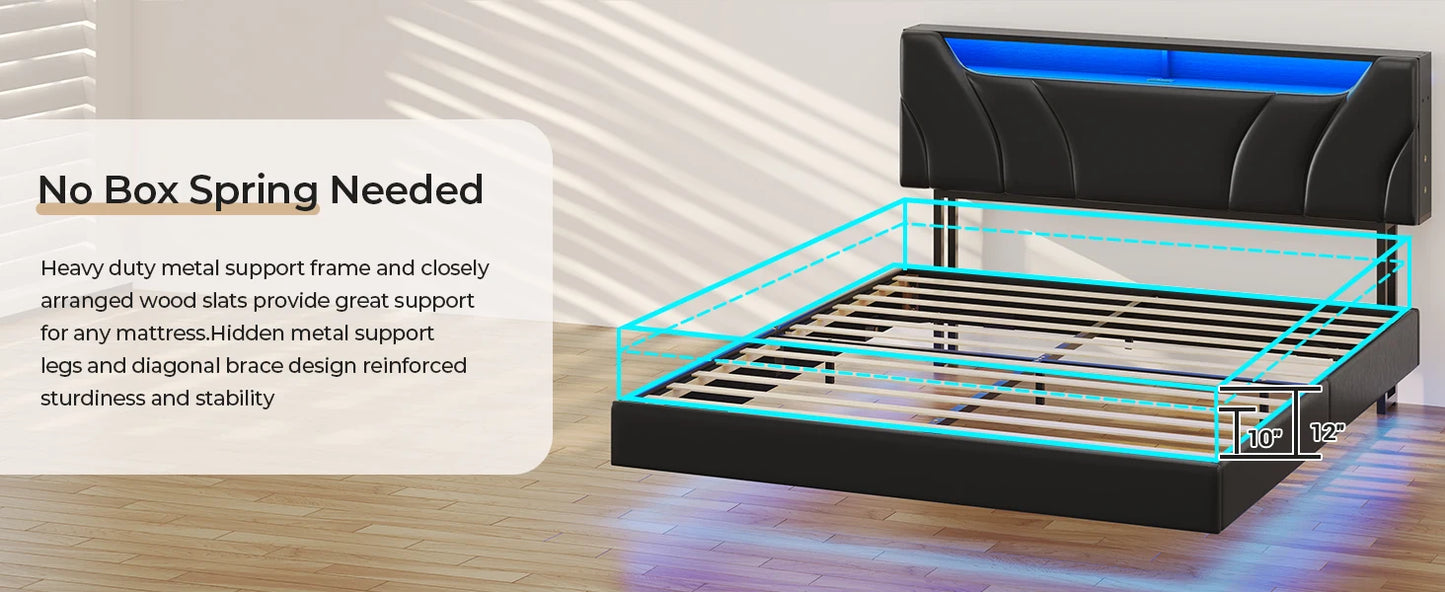 Floating LED bedframe with Storage and Charging Station