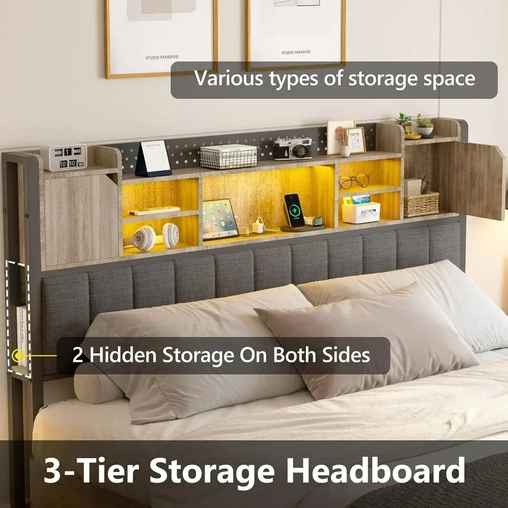 Bed Frame, with 4 Storage Drawers and Bookcase Headboard