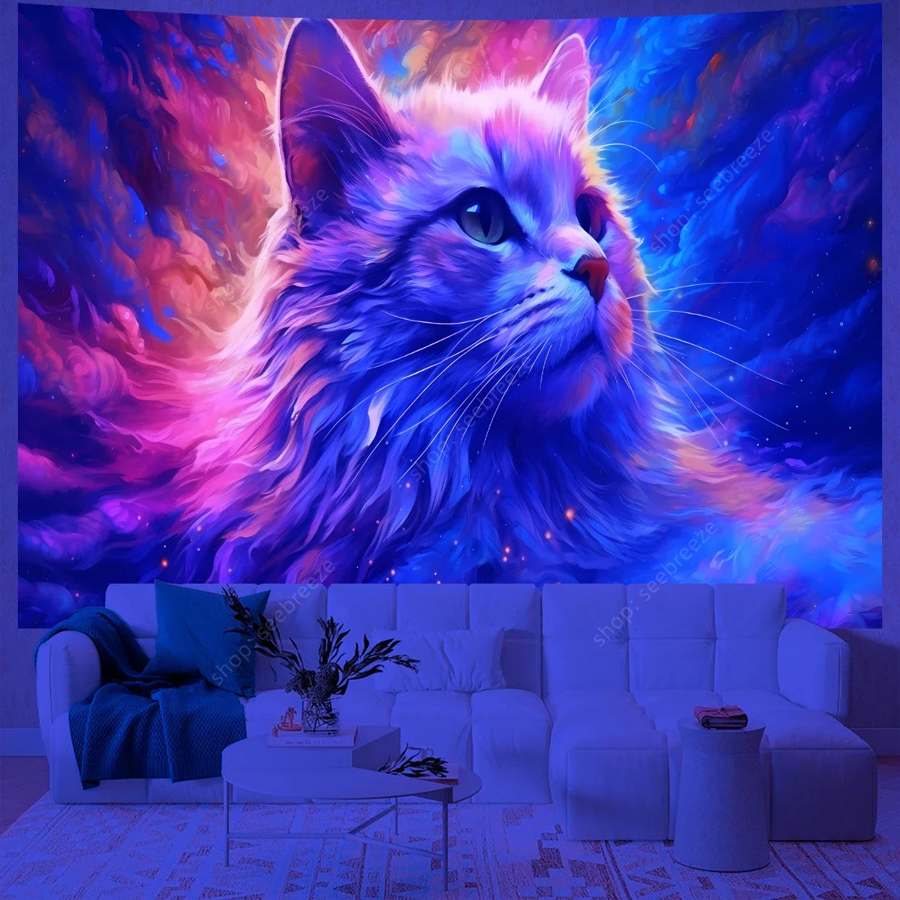 Psychedelic Cute Cat UV Reactive tapestry