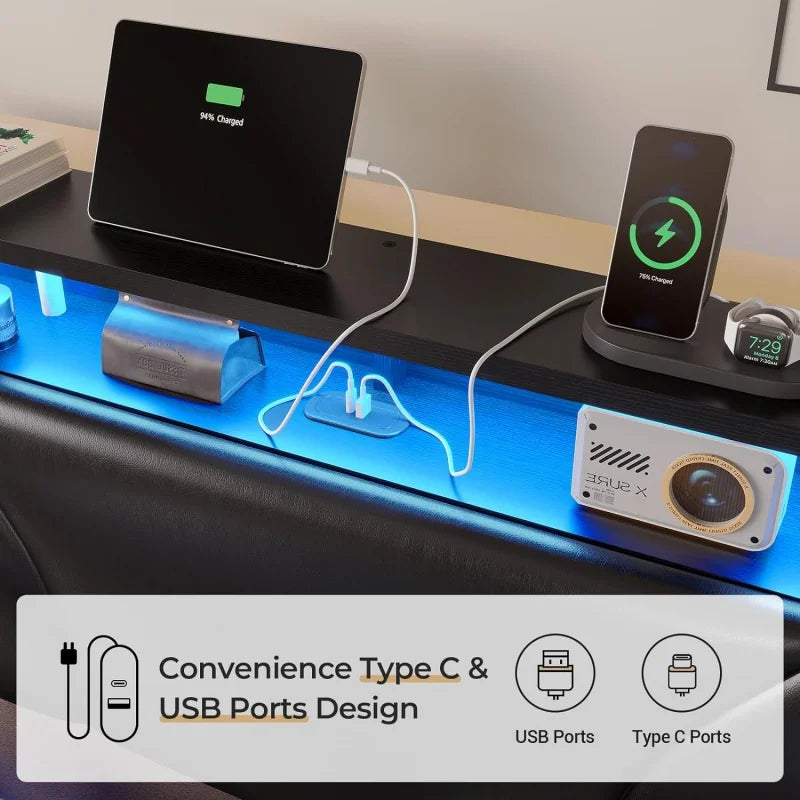 Floating LED bedframe with Storage and Charging Station