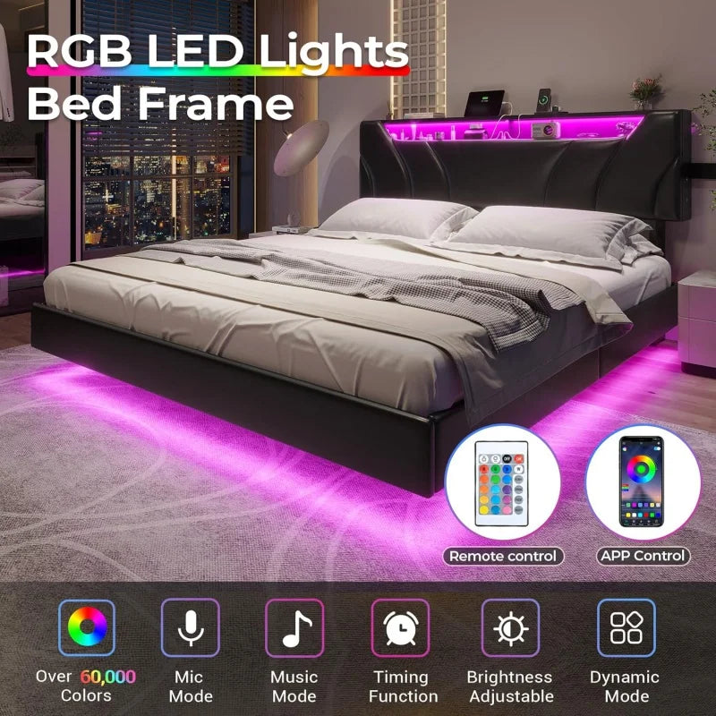 Floating LED bedframe with Storage and Charging Station