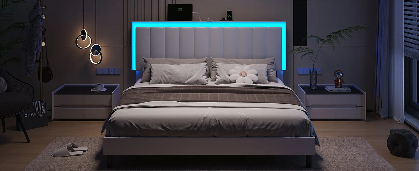 Bed Frame with Led Lights, USB Ports and Adjustable Headboard