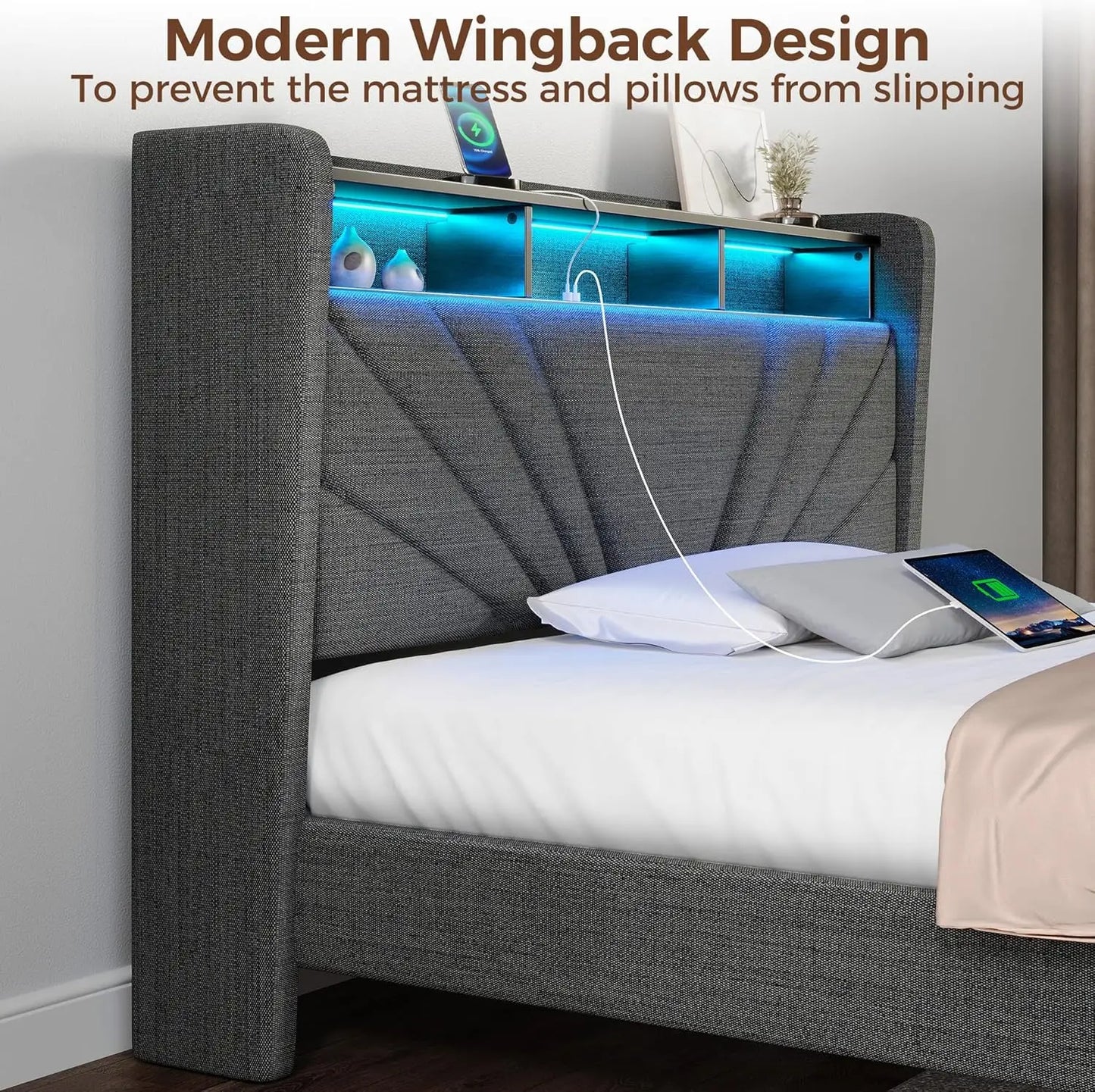 Bedframe with Storage Headboard and Upholstered with Heavy Duty Wood Slats