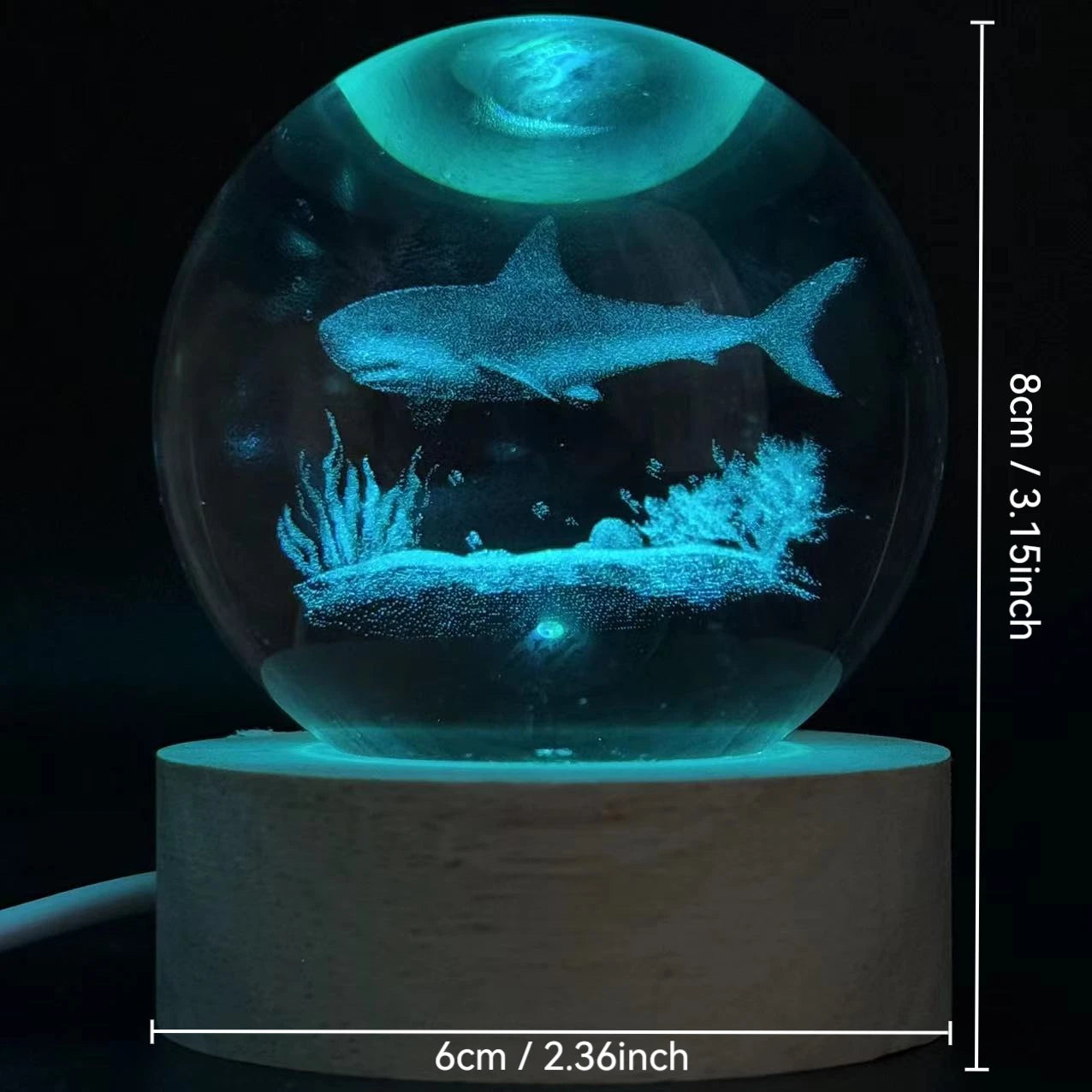 3D Ocean Shark Crystal Ball Laser carved nightlight