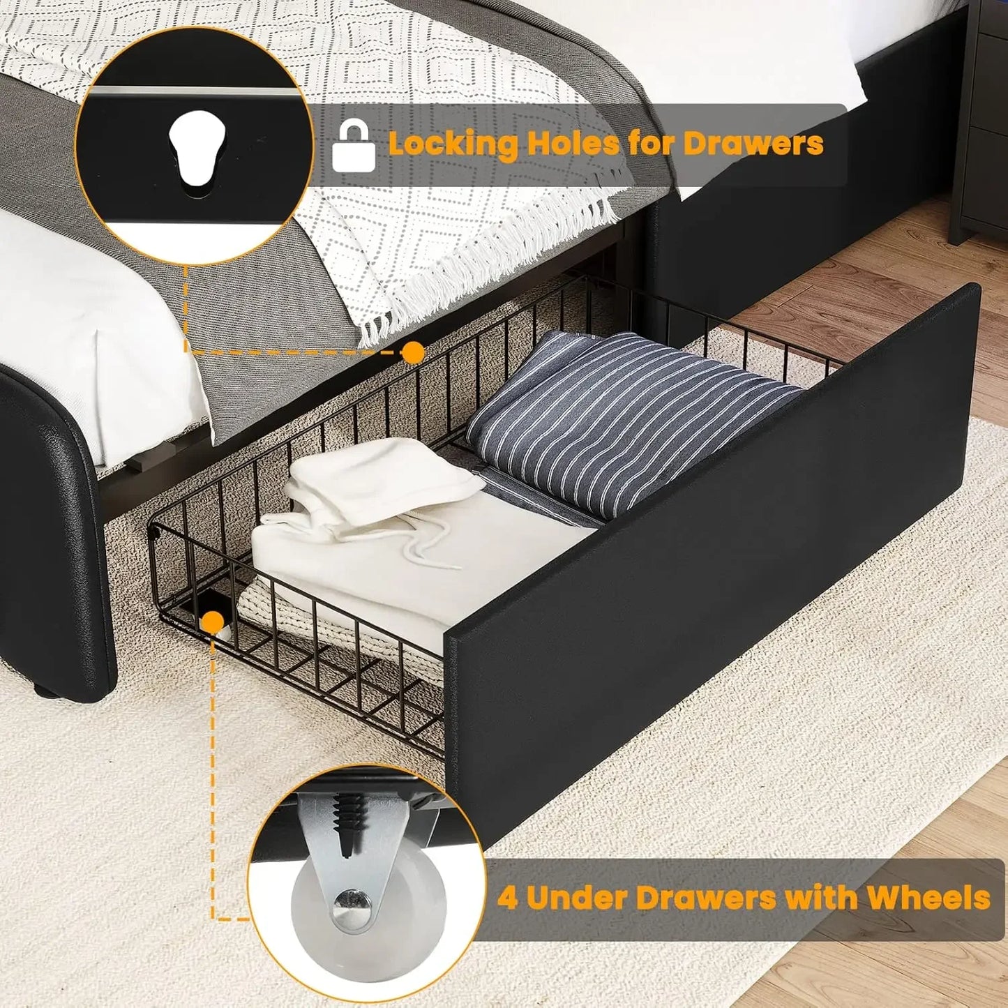Bed Frame with 4 Storage Drawers, Led Lights & 2 USB Ports