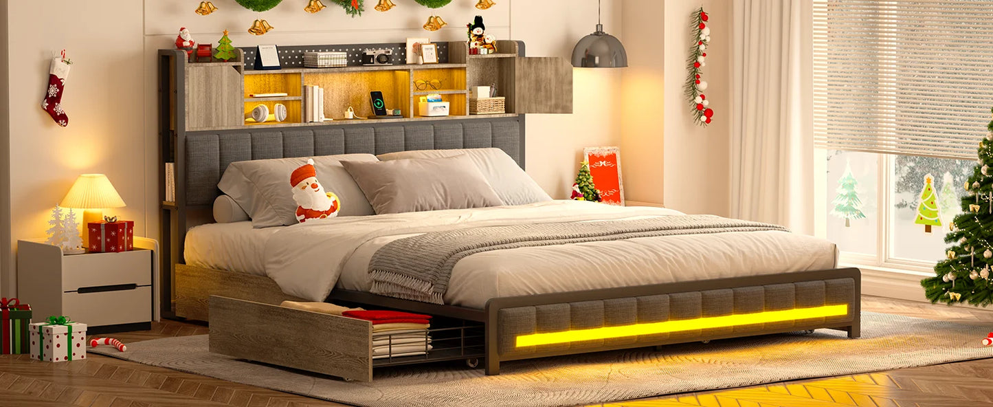 Bed Frame, with 4 Storage Drawers and Bookcase Headboard