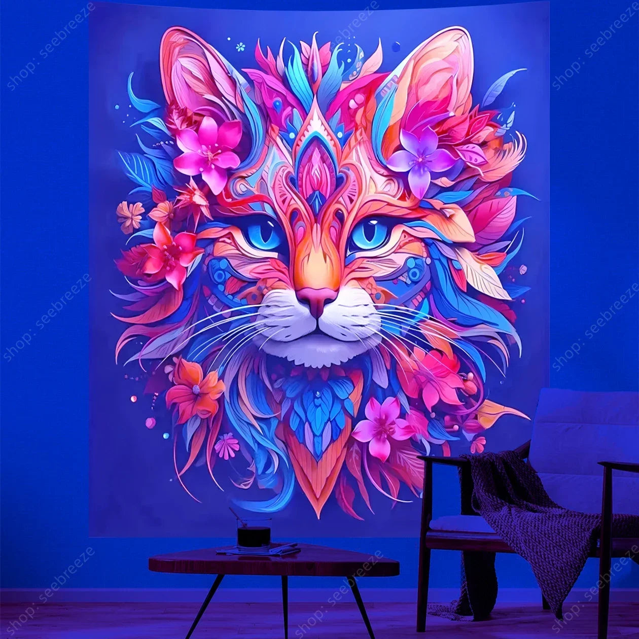Psychedelic Cute Cat UV Reactive tapestry