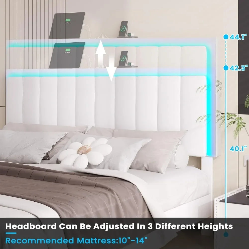 Bed Frame with Led Lights, USB Ports and Adjustable Headboard