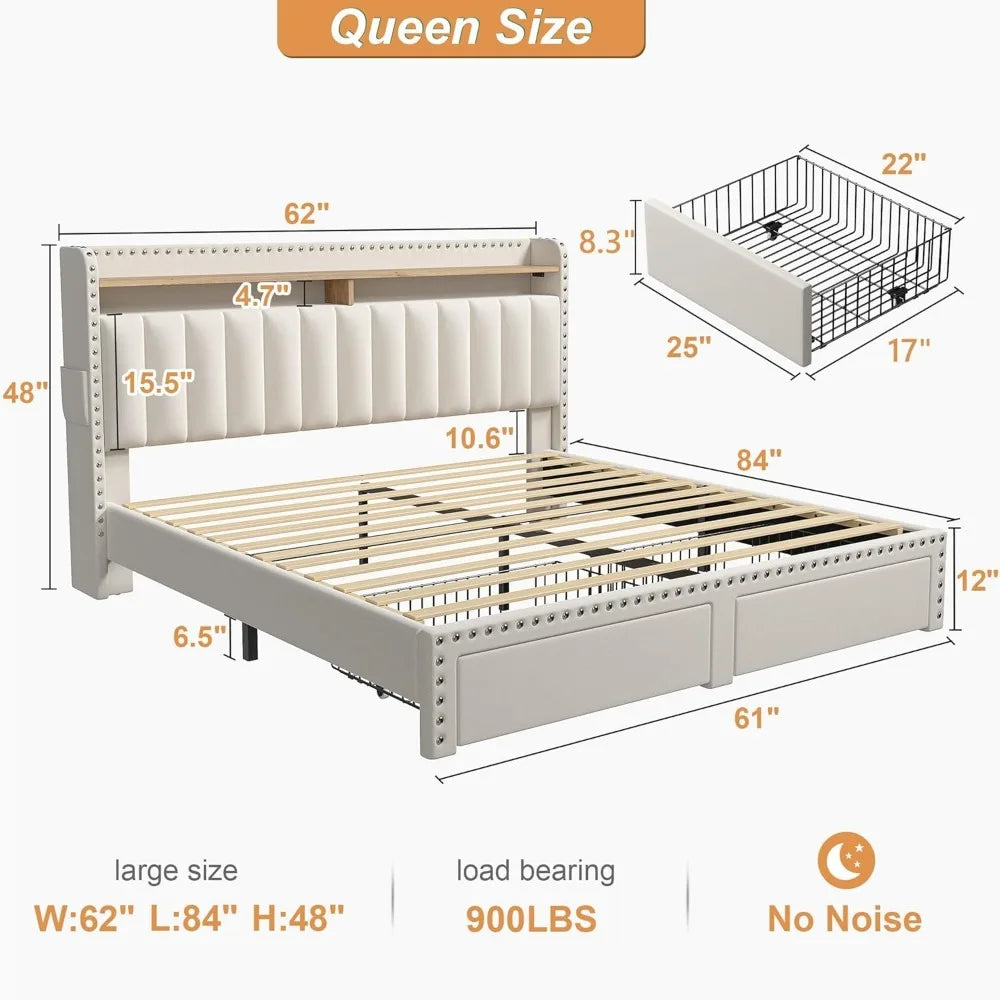 Cushion upholstered Bed Frame with 2 Drawer Storage