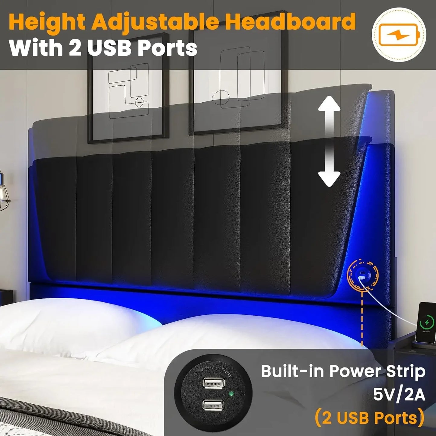 Bed Frame with 4 Storage Drawers, Led Lights & 2 USB Ports