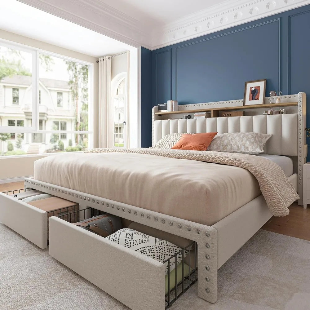 Cushion upholstered Bed Frame with 2 Drawer Storage