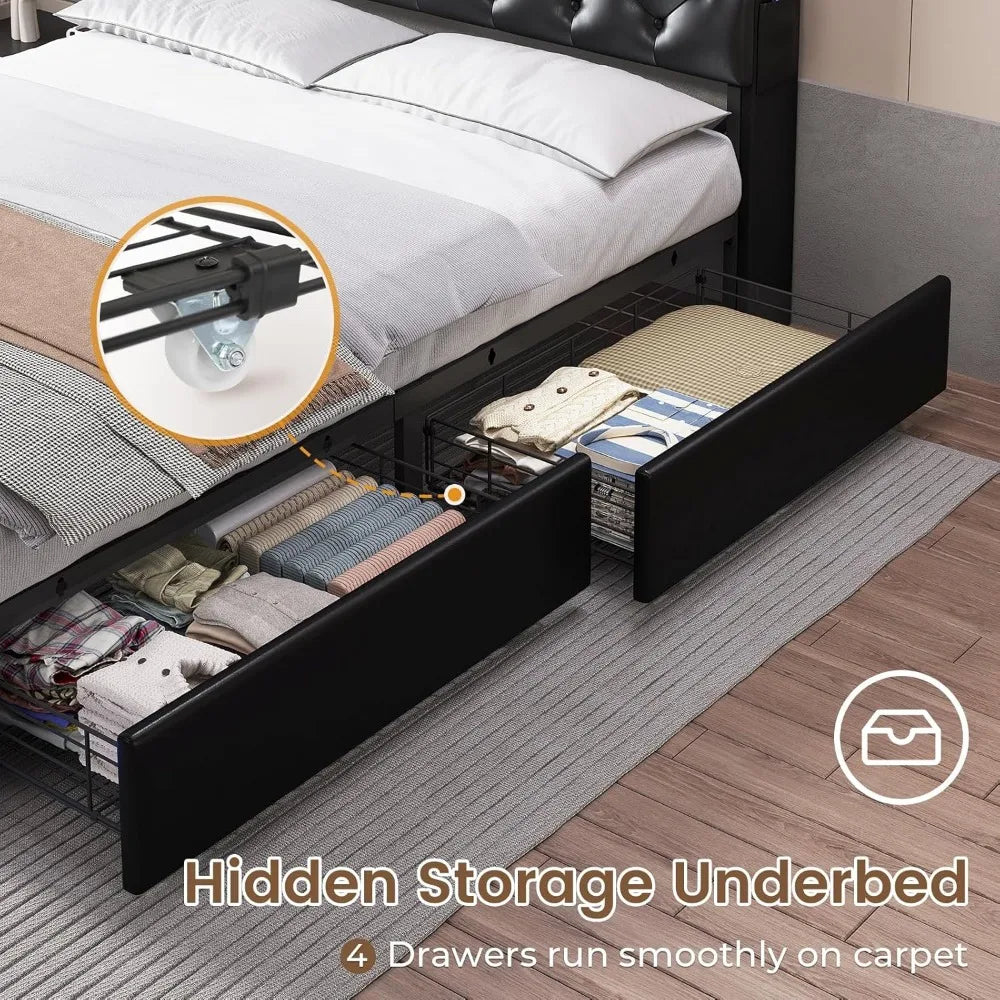 Bed Frame with 3-Tier Headboard & Hidden Storage