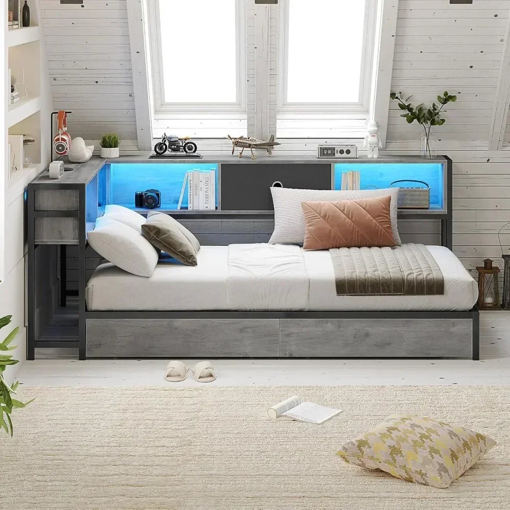 Corner Bed Frame with Bookcase and 2 Underbed Storage Drawers