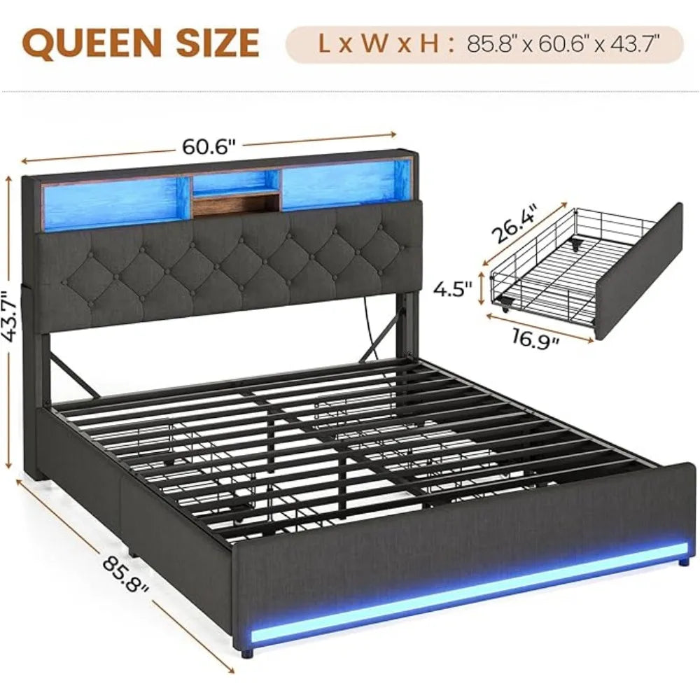 Bed Frame with Storage Headboard & 4 Drawers
