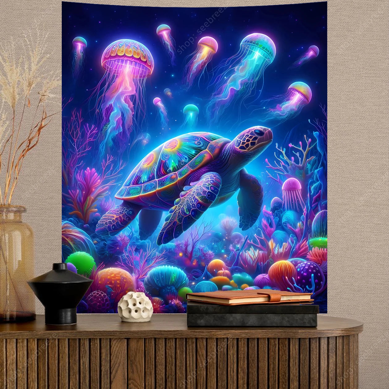 Colorful Turtle and Jellyfish UV Tapestry