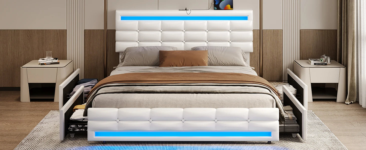 Bed Frame with Drawers & LED Lights Headboard Footboard