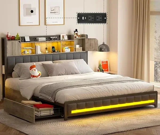 Bed Frame, with 4 Storage Drawers and Bookcase Headboard