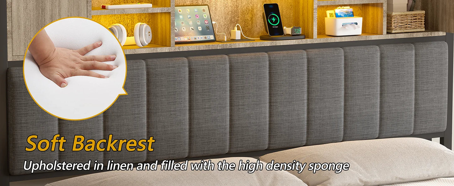 Bed Frame, with 4 Storage Drawers and Bookcase Headboard