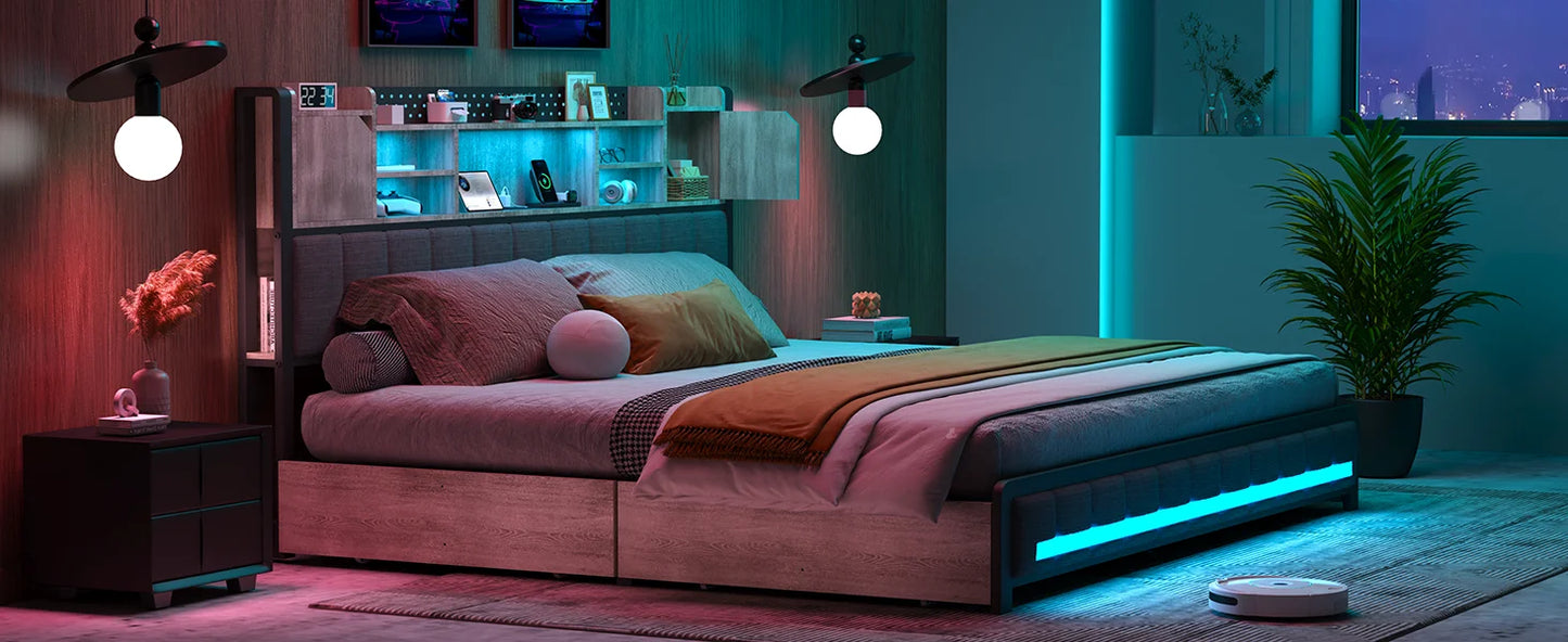 Bed Frame, with 4 Storage Drawers and Bookcase Headboard