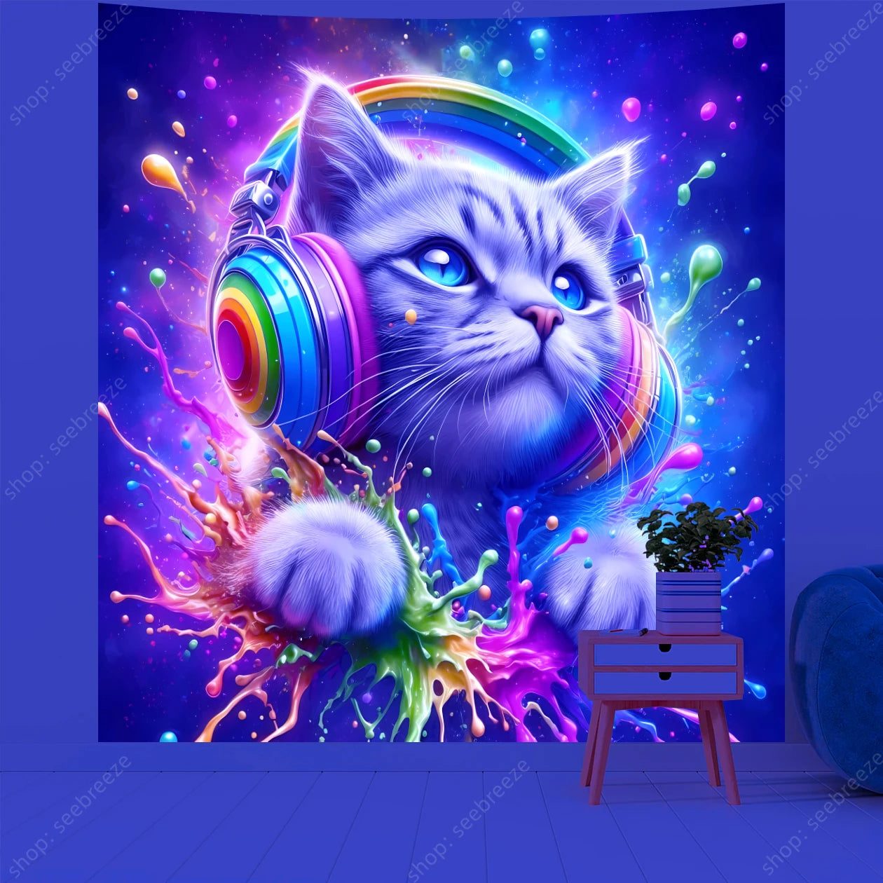 Psychedelic Cute Cat UV Reactive tapestry