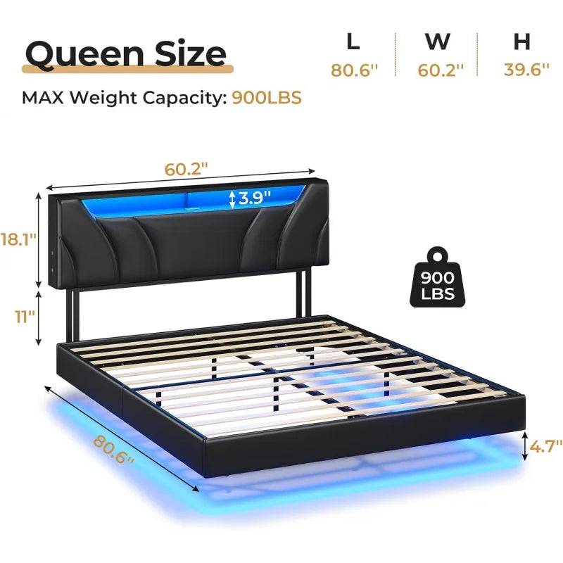 Floating LED bedframe with Storage and Charging Station