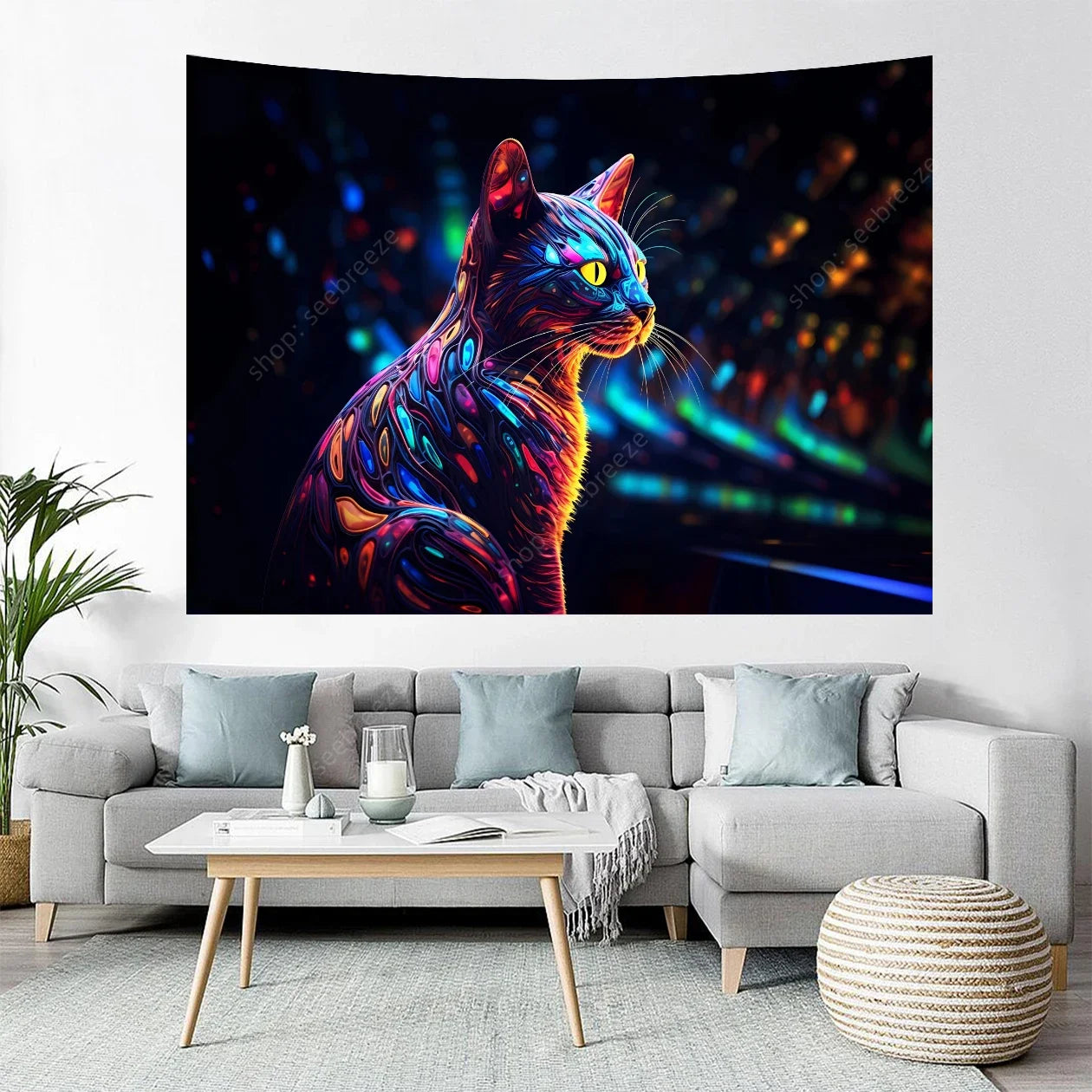 Psychedelic Cute Cat UV Reactive tapestry