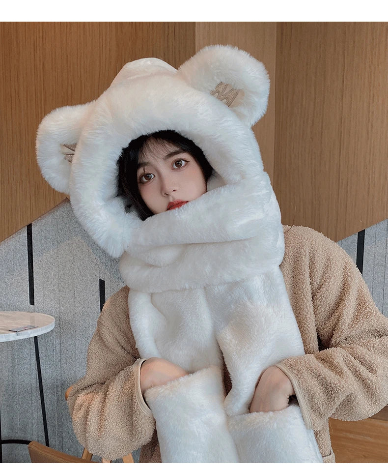 Super Thick Warm Plushie Bear Hooded Scarf