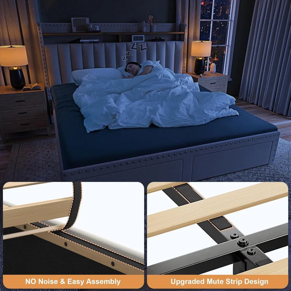 Cushion upholstered Bed Frame with 2 Drawer Storage
